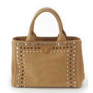 Prada Canapa Tote Canvas Beads Shoulder Handbag Beige Tan Brown